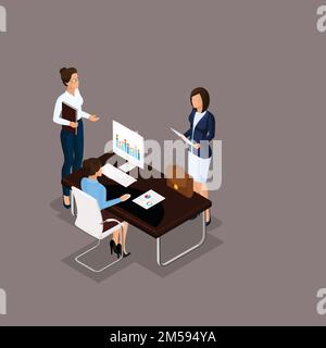 Isometric people 3D businessman. Office employee discussion, problem-solving, in the director's office on a blue background. Stock Vector