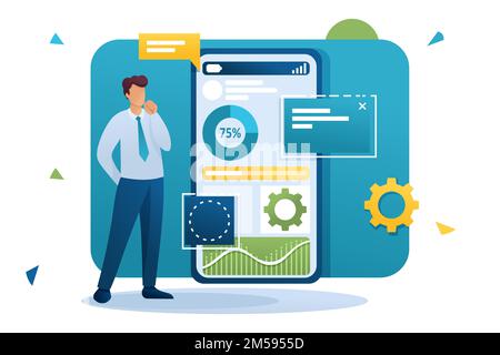 Young man works on a mobile application for data collection and analysis. Flat 2D character. Concept for web design. Stock Vector