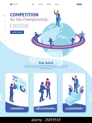 Isometric Website Template Landing page Businessman at the top of the world, entrepreneurs compete for leadership. Adaptive 3D. Stock Vector