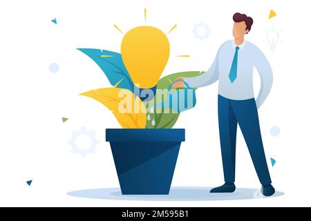 Young man is watering a pot with a growing business idea, a business startup. Flat 2D character. Concept for web design. Stock Vector