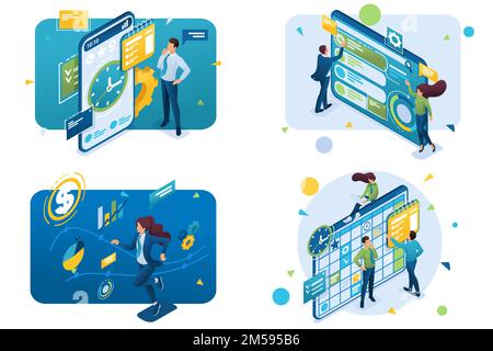 Set of isometric concepts.time management, success, business planning, using interface. For Concept for web design. Stock Vector