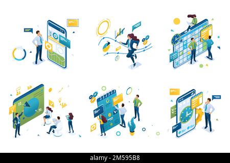 Set of isometric concepts on the topic of time management and planning. For Landing page concepts and web design. Stock Vector