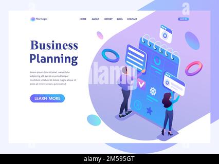 Isometric concept Young entrepreneurs are engaged in the preparation of business planning for the month.Template landing page for website. Stock Vector