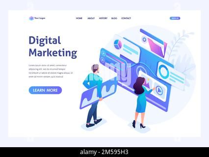 Isometric concept young entrepreneurs insist data for digital marketing, advertising on the Internet.Template landing page for website. Stock Vector