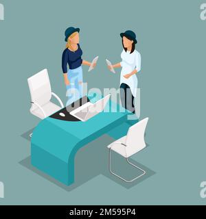 Trendy isometric illustration. Creative girl in modern dress hipster, modern gadgets in their hands, in co working office. Freelancers isolated. Vecto Stock Vector