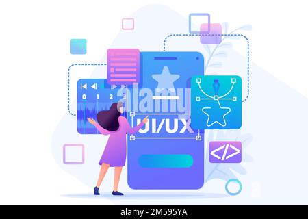 Young woman creates a custom design for a mobile application, Ui UX design. Flat 2D character. Concept for web design. Stock Vector