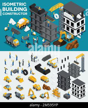 Design building isometric view, create your own design, building construction, excavation, heavy equipment, trucks, construction workers, people, unif Stock Vector