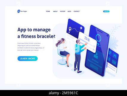 Isometric concept Young People are working with a fitness bracelet management App. Header concept. Template landing page for website. Stock Vector