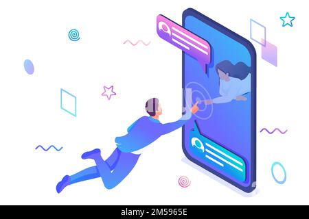 Isometric concept Unlimited possibilities of social networks, a young girl communicates with a young man via the Internet. Online Dating. Concept for Stock Vector