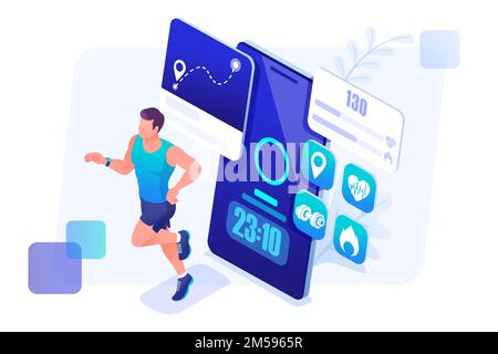 Isometric concept mobile app tracks your workout, male athlete on a run. Training of a young man. Concept for web design. Stock Vector
