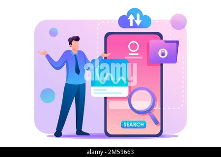 Young man is at a loss at the phone screen, searching for information. Flat 2D character. Concept for web design. Stock Vector
