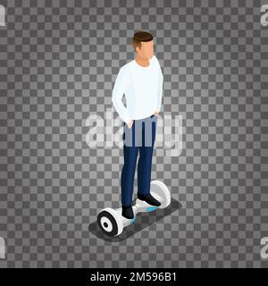 Isometric people, a man playing a game, 3D ride, ride control. GyroScooter on a transparent background. Vector illustration. Stock Vector