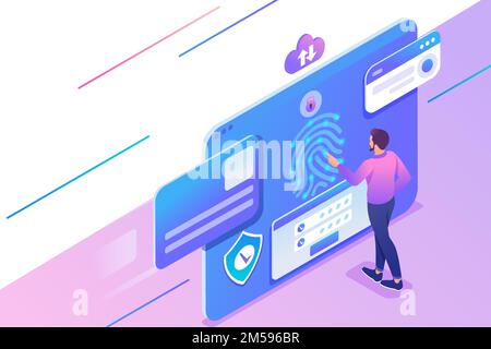 Isometric concept Young man provides data Protection on tablet, antivirus settings. Concept for web design. Stock Vector