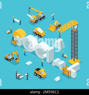 Isometric 3D Building of business ideas, brand, society. Working people in the construction work. The development plan of the invention. Building Isom Stock Vector