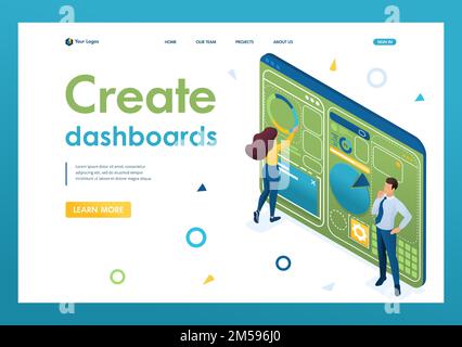 Young people are working on creating a dashboard with an individual menu. Design concept. 3d isometric. Landing page concepts and web design. Stock Vector