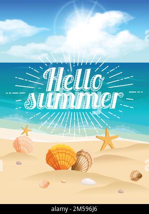 Great postcard, beautiful landscape, sea beach, beach bag, beach hat, seashells, pebbles. Sunburst text Hello summer. Vector illustration. Stock Vector