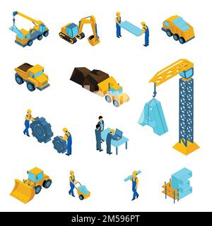 Set Isometric icons for construction workers, crane, machinery, power, transport, managers, laptop, clothes isolated on white background. Stock Vector
