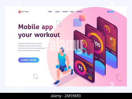 Isometric concept The mobile app tracks a person's training. The athlete trains the major muscle groups. Landing page template for the site. Stock Vector
