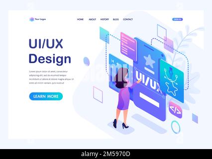 Isometric concept a young woman creates a custom design for a mobile application, Ui UX design. Landing page template for the site. Stock Vector