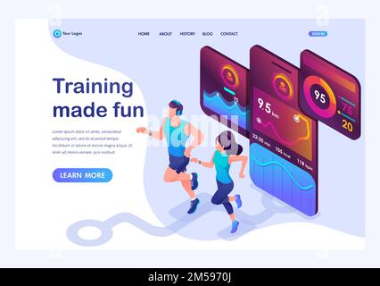 Isometric concept train together, reach your goal using the mobile app to track your activity. Landing page template for the site. Stock Vector