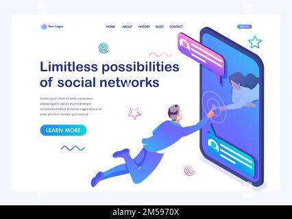 Isometric concept Unlimited possibilities of social networks, a young girl communicates with a young man via the Internet. Online Dating. Landing page Stock Vector