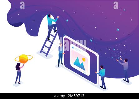 Isometric development and creation of a website, little men. Concept for web design. Stock Vector