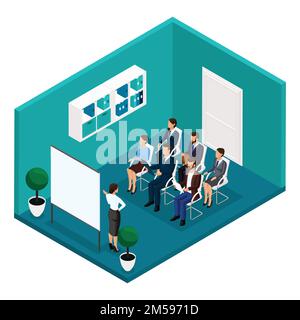 Trend isometric people, training room, front view, coachers, training, lecture, meeting, brainstorm, businessmen and business woman in suits isolated Stock Vector