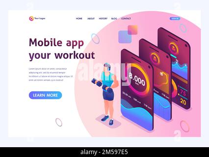 Isometric concept The mobile app tracks a person's training. Athletic training, weight training. Landing page template for the site. Stock Vector