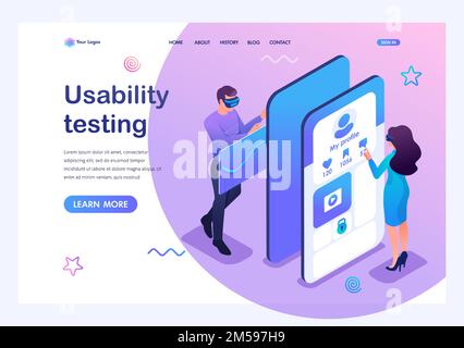 Isometric concept young people in virtual glasses are testing a mobile application for alternative reality and social networks. Template landing page Stock Vector