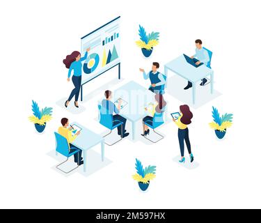 Isometric concept of office staff training, coaching, professional development. Concept for web design. Stock Vector