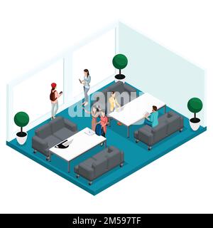 Trendy Isometric people and gadgets, room coworking center, office work and discussions, stylish interior, working environment freelancers, artists, p Stock Vector