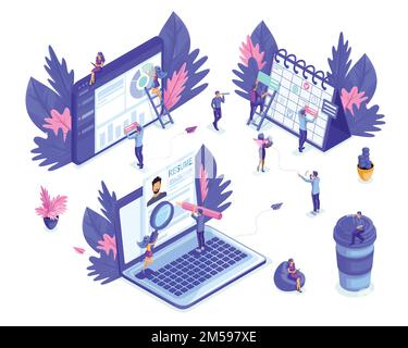 Isometric small people work with tablets, laptop, make planning on the calendar. Job search, recruiting. Reports and analytics. Isolated background. Stock Vector