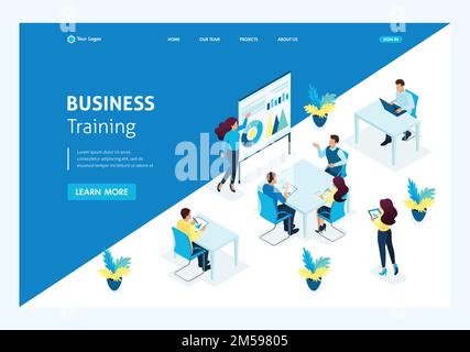 Isometric concept staff development, coach for business training. Teacher at the blackboard shows teaching material. Website Template Landing page. Stock Vector