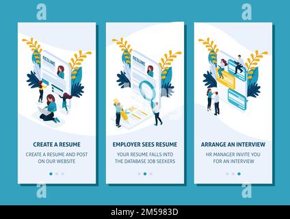 Isometric Template app design concept stages of job search through smartphone apps. Easy to edit and customize. Stock Vector