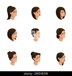 Isometric icons of head hairstyles, 3D faces, eyes, lips, female emotions. Qualitati isometry of people for vector illustrations. Stock Vector