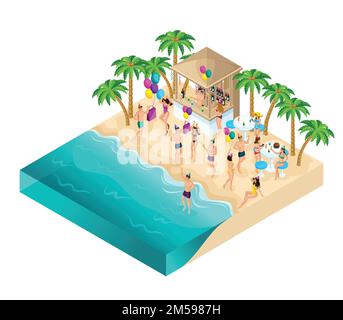 Isometry dancing on the beach, party, birthday party, Ibiza, the sea. beach, great weather, rest, entertainment. Stock Vector