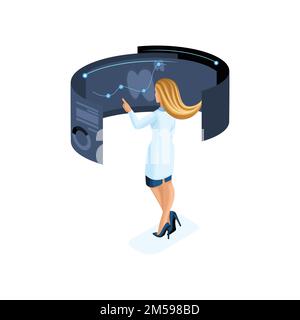 Isometry of a private clinic worker uses modern technology, set 3, virtual screen, large tablet, modern data storage, for doctors, surgeons, nurses. Stock Vector