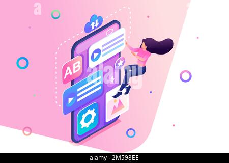 Young girl is easily engaged in Setting up the menu on her smartphone. Concept of interface settings. 3d isometric. Concept for web design. Stock Vector