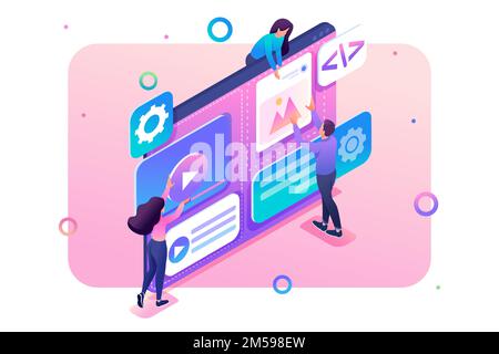 Team of specialists is working on the creation of web design. Concept of teamwork. 3d isometric. Concept for web design. Stock Vector