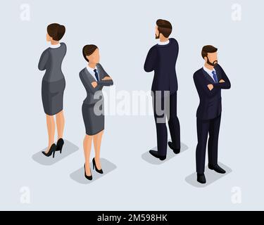 Fashionable isometrics, isometric people. Businessmen, business woman in corporate clothing, stylish clothing. People behind a front view of visas, is Stock Vector