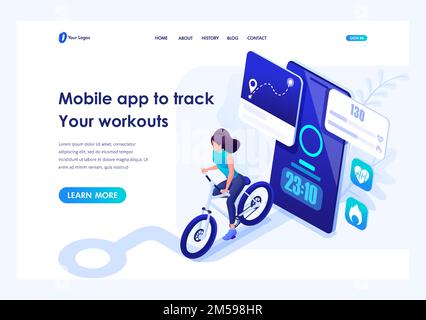 Isometric concept mobile app to track your workouts, girl running. Header concept. Template landing page for website. Stock Vector