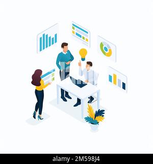 Isometric concept young entrepreneurs in office, start up project ...
