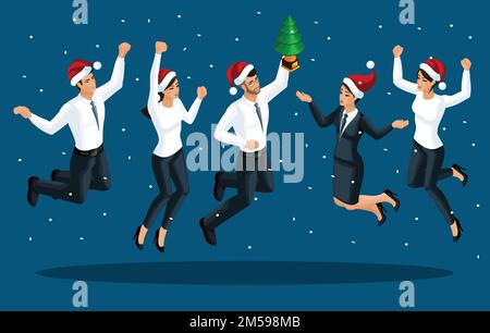 Isometrics of men and women in office clothes jump, rejoice, happy, Santa Claus cap jumps celebrating victory. Stock Vector