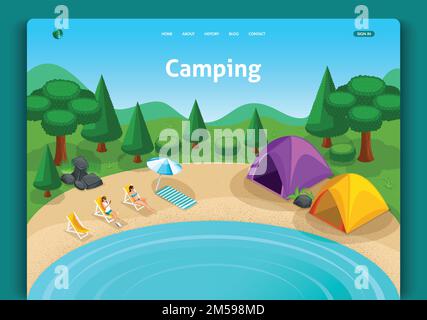 Website template design. Isometric concept Adventures, travel and eco tourism concept. Touristic camp tent. Easy to edit and customize. Stock Vector