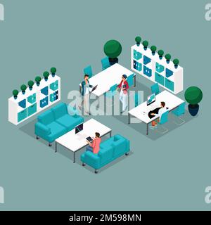 Trendy Isometric people and gadgets coworking center, work, technology, laptop, pad, freelancers, artists, programmers are isolated on a light backgro Stock Vector