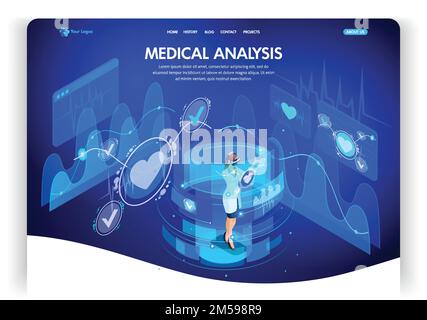Website template design. Isometric concept medical analysis, doctors work on virtual screens. Web design landing page. Easy to edit and customize. Stock Vector
