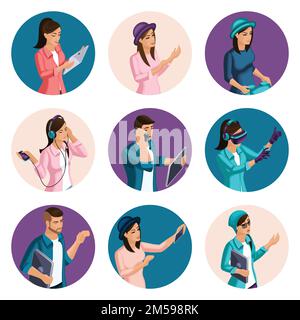 Qualitative Isometry, a set of 3D avatars of men and women of different types and characters, with emotional gestures, create your own image. Stock Vector