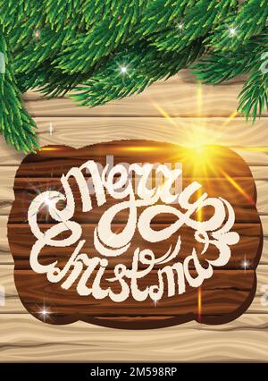 Christmas decoration on the background of the wooden planks. Christmas tree branch, bright multi-colored lights on a bright wooden background. Poster Stock Vector