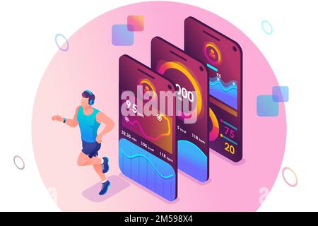 Isometric concept The mobile app tracks a person's training. Athlete training, a man running. Concept for web design. Stock Vector