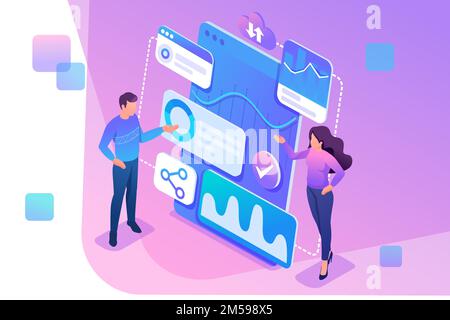 Isometric concept Young entrepreneurs review reports and analyze data. Concept for web design. Stock Vector